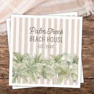 Tropical Palm Trees Beige Stripes Beach House Napkin