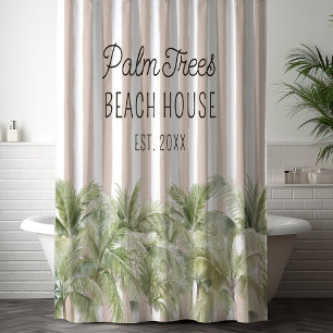 Tropical Palm Trees Beige Stripes Beach House Shower Curtain
