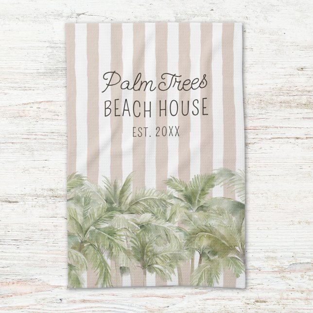 Tropical Palm Trees Beige Stripes Beach House Tea Towel (In situ)