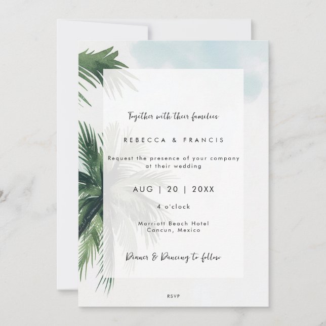 tropical palm trees blue sky wedding invitation (Front)