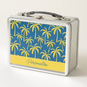 Tropical Palm Trees Blue Yellow Personalised Metal Lunch Box
