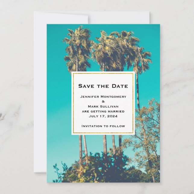 Tropical Palm Trees California Retro Wedding Save The Date (Front)