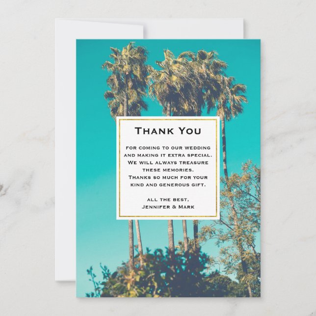 Tropical Palm Trees California Retro Wedding Thank You Card (Front)