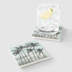 Tropical Palm Trees Clouds Stone Coaster