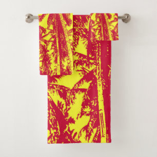 Tropical Palm Trees Design. Red and yellow. Bath Towel Set
