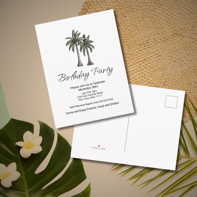 Tropical Palm Trees Elegant 30th Birthday Party Invitation Postcard (Creator Uploaded)
