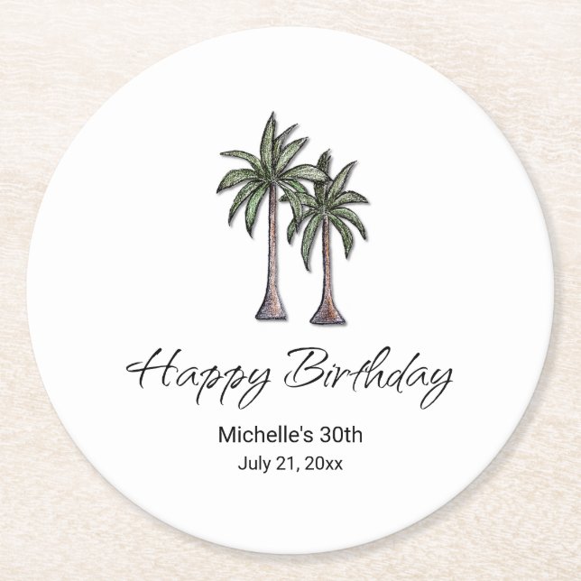 Tropical Palm Trees Elegant 30th Birthday Party Round Paper Coaster (Front)