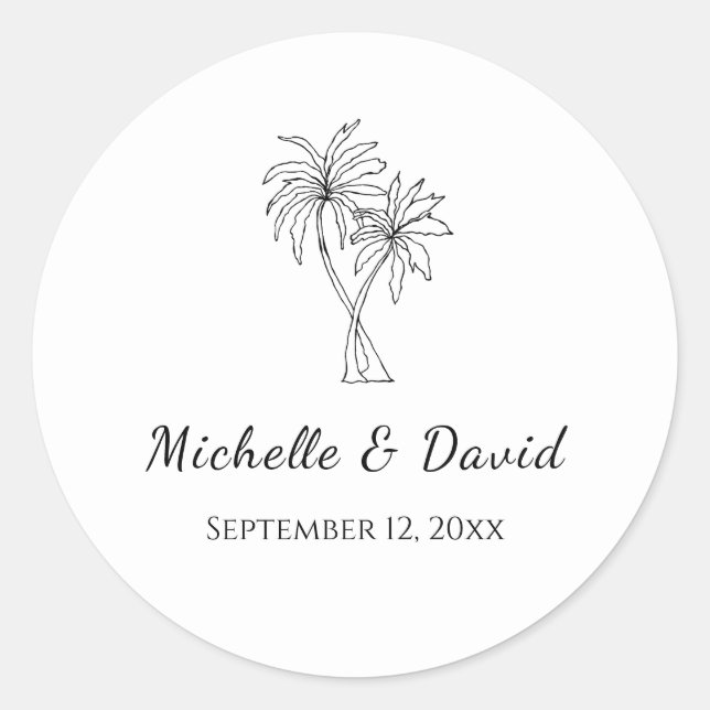 Tropical Palm Trees Elegant Destination Wedding Classic Round Sticker (Front)