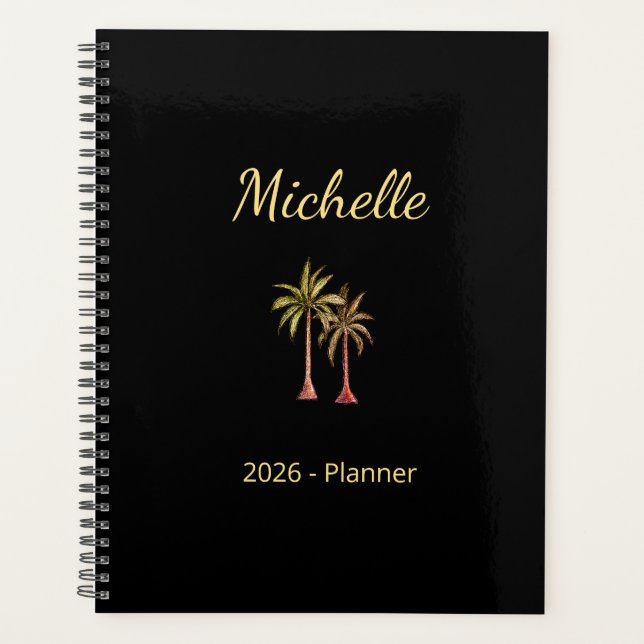 Tropical Palm Trees Elegant Modern Beach Gold Planner (Front)