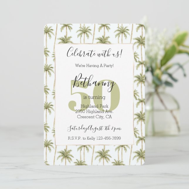 Tropical Palm Trees Green 50th Birthday  Invitation (Standing Front)