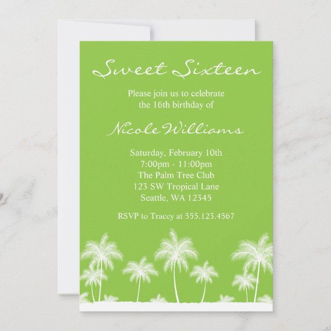 Tropical Palm Trees Green Sweet 16 Invitation (Front)