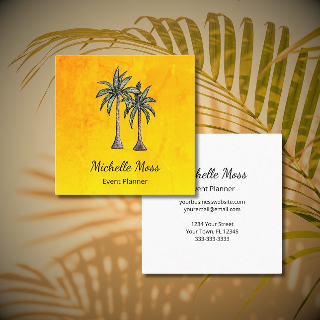 Tropical Palm Trees Illustration Professional Gold Square Business Card (Creator Uploaded)