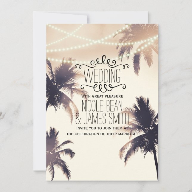 Tropical Palm Trees & Lights Cream Dream Wedding Invitation (Front)