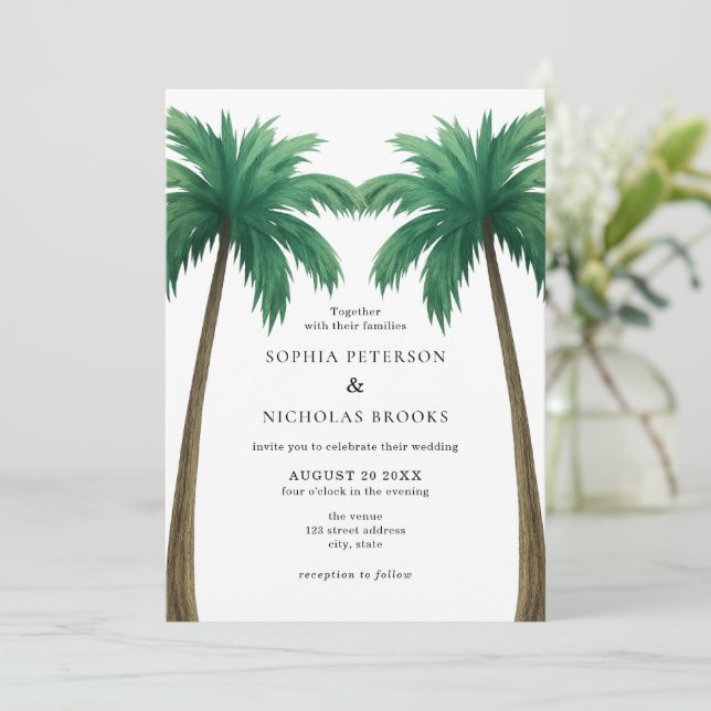 Tropical Palm Trees Minimal Photo Beach Wedding Invitation (Standing Front)