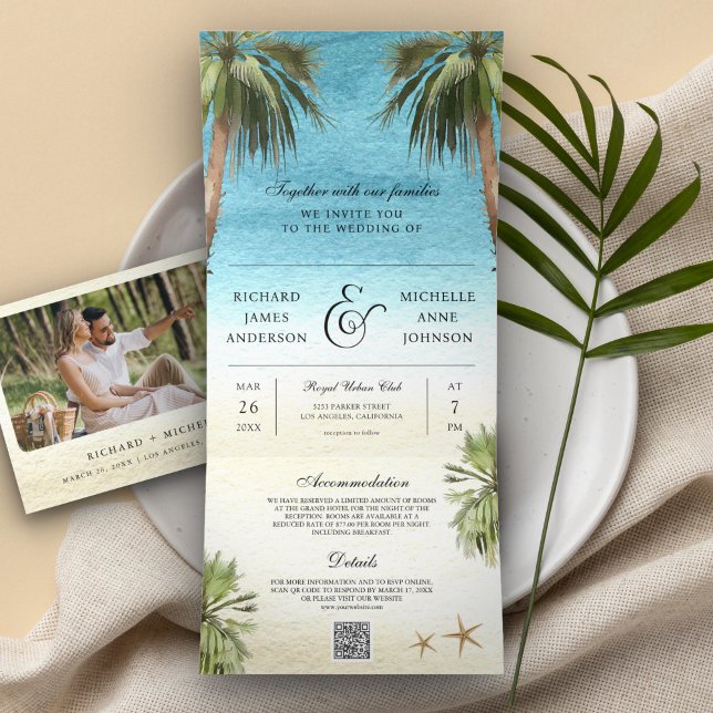 Tropical Palm Trees Modern Beach QR Code Wedding Tri-Fold Invitation (Creator Uploaded)