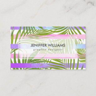 Tropical palm trees modern pink violet stripes business card