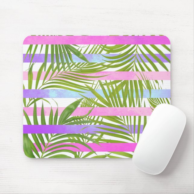 Tropical palm trees modern pink violet stripes mouse pad (With Mouse)