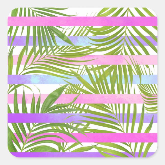 Tropical palm trees modern pink violet stripes square sticker (Front)