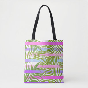 Tropical palm trees modern pink violet stripes tote bag