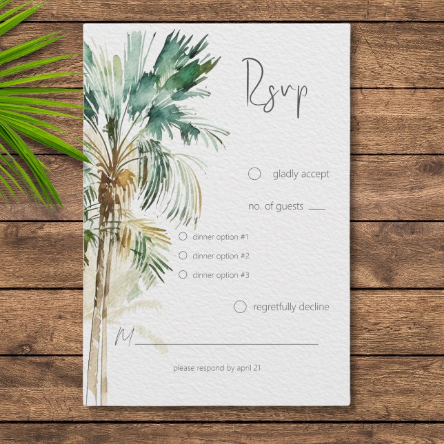Tropical Palm Trees Modern Wedding Dinner RSVP Card (Creator Uploaded)