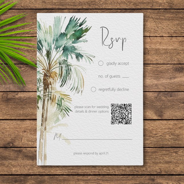 Tropical Palm Trees Modern Wedding QR Code RSVP Card (Creator Uploaded)
