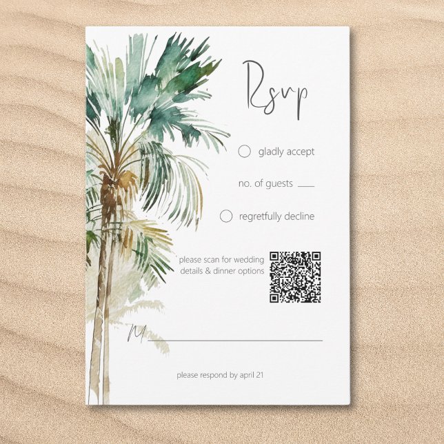 Tropical Palm Trees Modern Wedding QR Code RSVP Card (Tropical Palm Trees Modern Wedding QR Code RSVP Card)