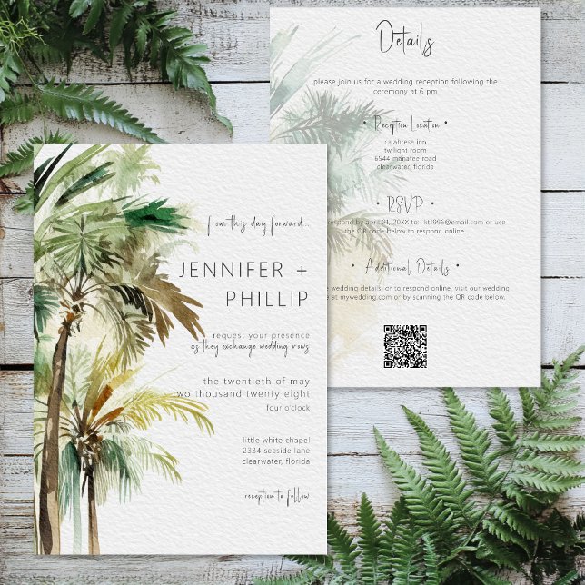 Tropical Palm Trees Modern Wedding Two Sided Invitation (Tropical Palm Trees Modern Wedding Two Sided Invitation)