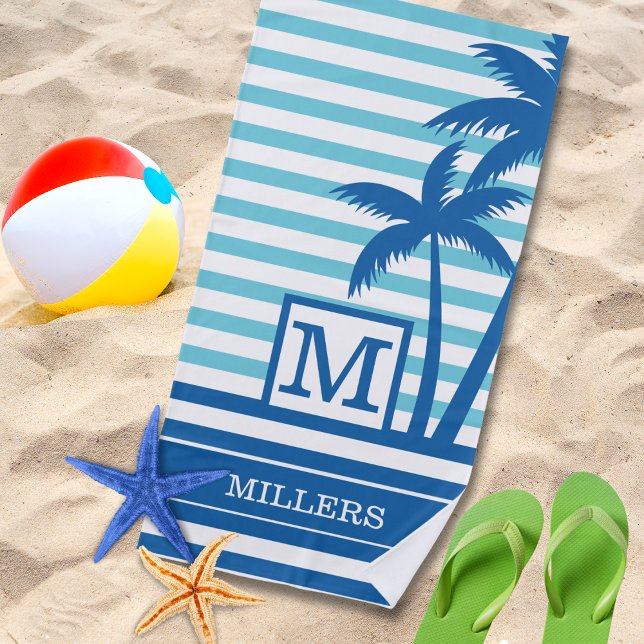 Tropical Palm Trees Monogram Name Aqua Blue Stripe Beach Towel (Creator Uploaded)
