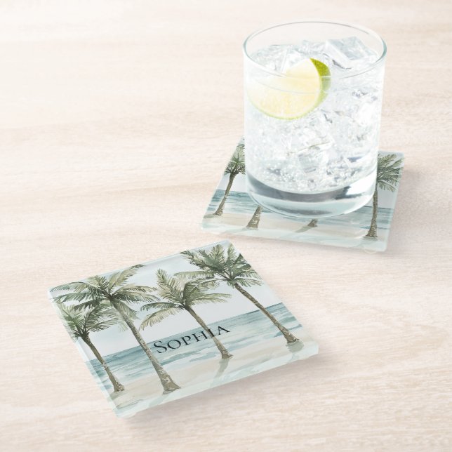 Tropical Palm Trees Ocean Beach Glass Coaster (Angled)