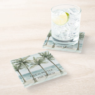 Tropical Palm Trees Ocean Beach  Glass Coaster