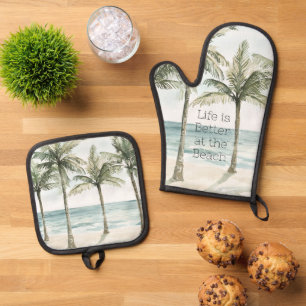 Tropical Palm Trees Ocean Beach Oven Mitt & Pot Holder Set