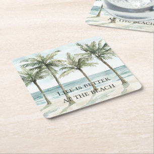 Tropical Palm Trees Ocean Beach  Square Paper Coaster