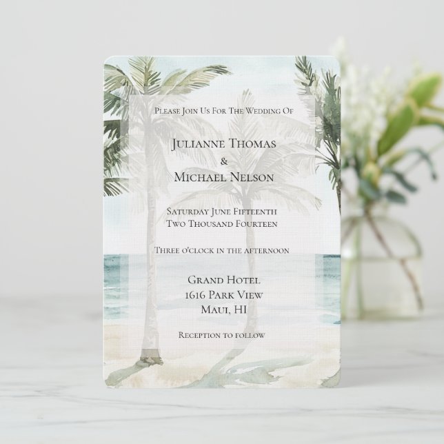 Tropical Palm Trees Ocean Beach Wedding Invitation (Standing Front)
