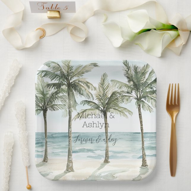 Tropical Palm Trees Ocean Beach Wedding Paper Plate (Wedding)