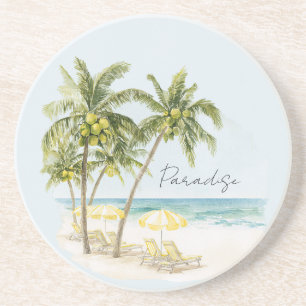 Tropical Palm Trees Ocean Yellow Umbrellas Coaster