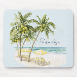 Tropical Palm Trees Ocean Yellow Umbrellas Mouse Pad