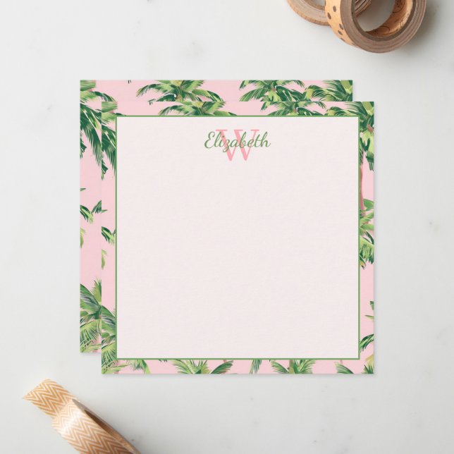 Tropical Palm Trees on Pink Monogram Card (Front/Back In Situ)
