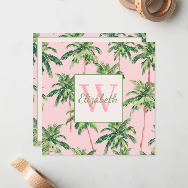 Tropical Palm Trees on Pink Monogram Card (Front/Back In Situ)