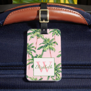 Tropical Palm Trees on Pink Monogram Luggage Tag
