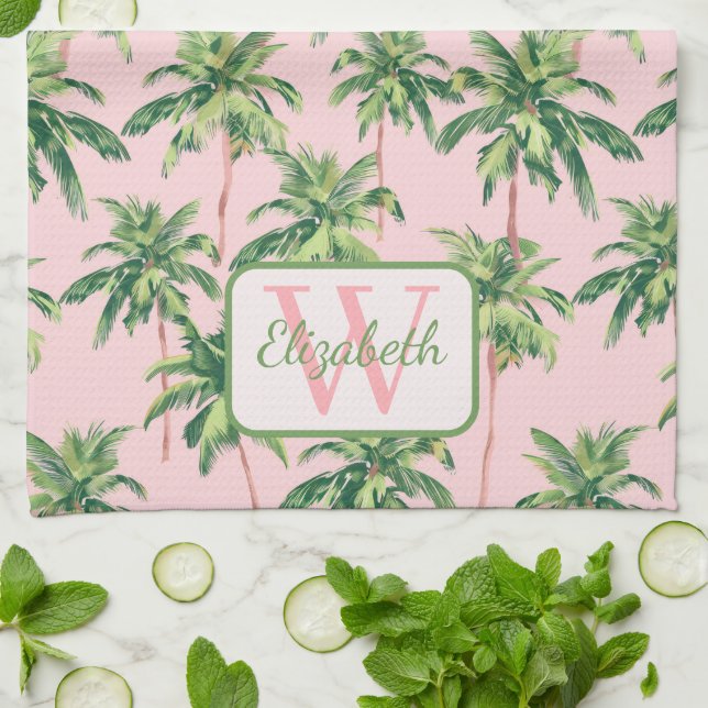 Tropical Palm Trees on Pink Personalised Tea Towel (Folded)