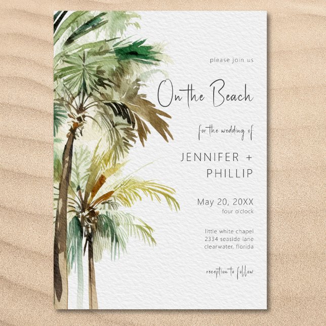 Tropical Palm Trees On the Beach Modern Wedding Invitation (Palm Trees Modern On the Beach Wedding Invitation)
