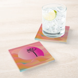 Tropical Palm Trees Orange Pink Design Glass Coaster