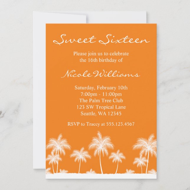 Tropical Palm Trees Orange Sweet 16 Invitation (Front)
