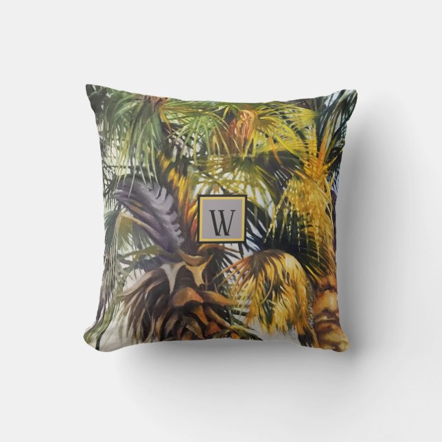 Tropical Palm Trees Original Painting to Monogram Cushion (Front)