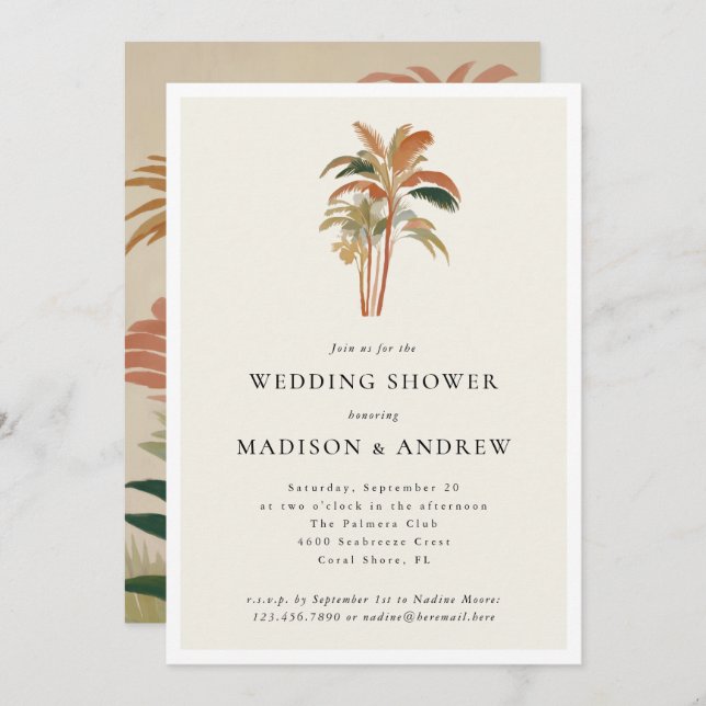 Tropical Palm Trees Pastel Boho Wedding Shower Invitation (Front/Back)