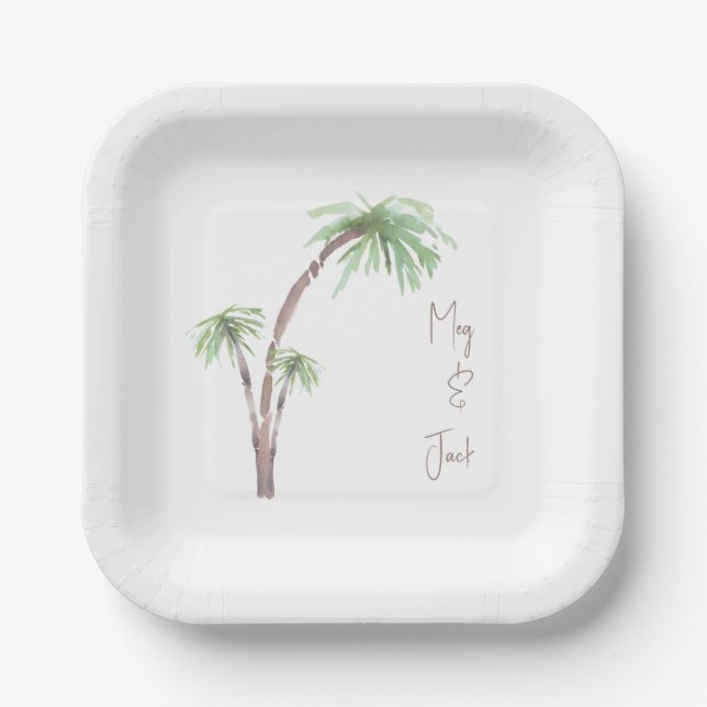 Tropical Palm Trees Personalized Script Names Paper Plate (Front)