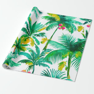Tropical Palm Trees Pink Green Blue Coastal Wrapping Paper