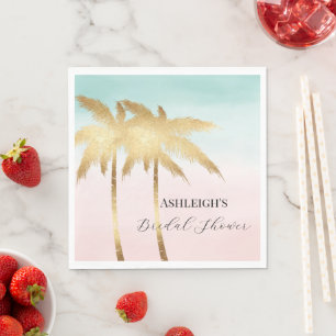 Tropical Palm Trees Pink Mint Gold Bridal Shower Napkin