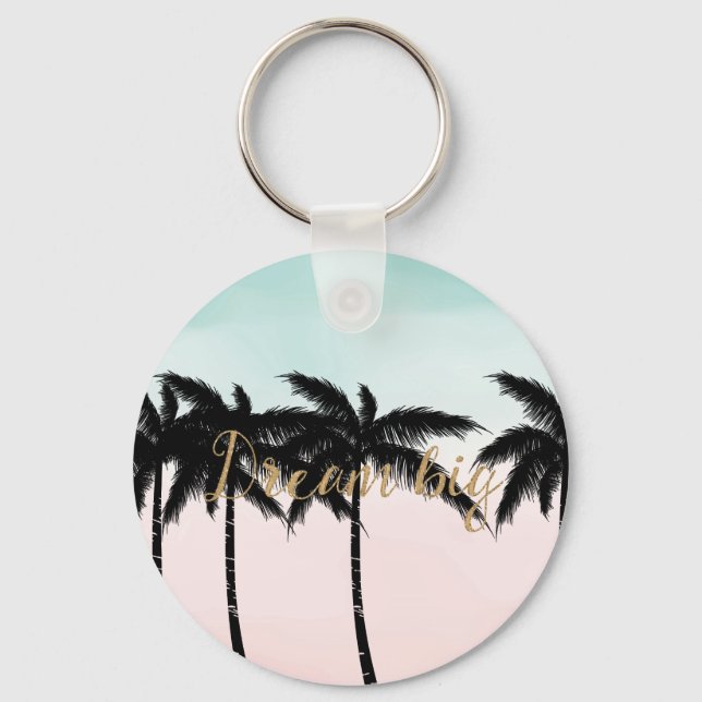Tropical Palm Trees Pink Mint Ombre gold dream big Key Ring (Front)