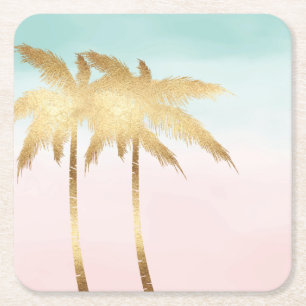 Tropical Palm Trees Pink Mint Ombre Gold Square Paper Coaster